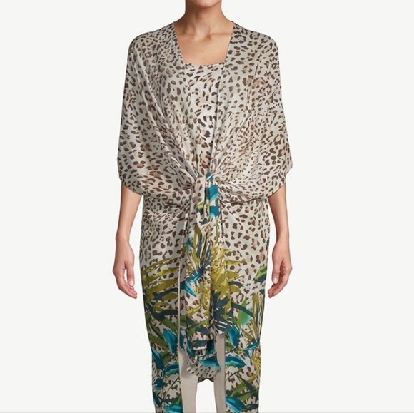 Chico's Leopard print floral Ruana Long Line Wrap Kimono NWOT beach one Size - Picture 2 of 9